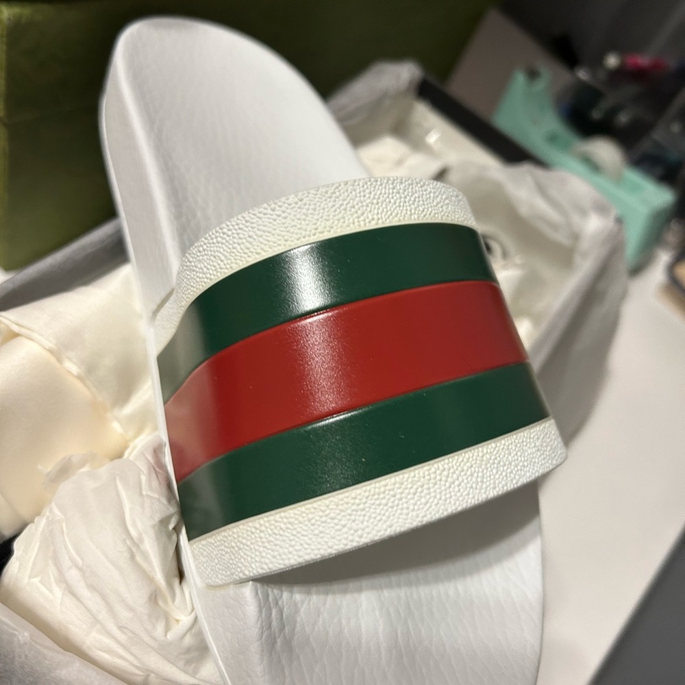 Gucci White Slides with Green and Red Stripes